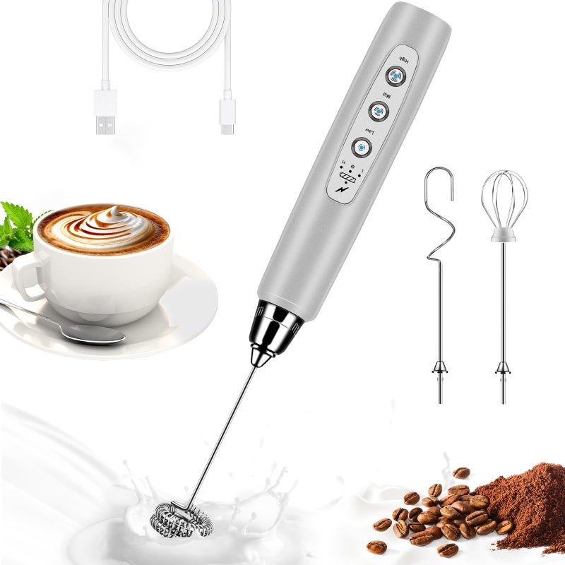 BSRGMS Milk Frother Handheld for Coffee Electric Whisk 3 Speed Adjustable Drink Mixer with Stainless 3 Whisks Rechargeable Hand Frother Wand Foam Maker for Latte Cappuccino Matcha Egg Silver