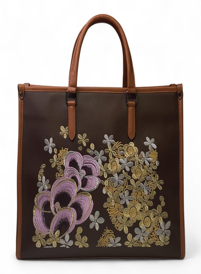 DAZZLE Embroidered Women’s Handbag | Office Tote with Laptop Compartment Fits upto 16 inch | 2 Spacious Compartments & Pockets | Stylish Shoulder Bag (DARK BROWN) - Image 5