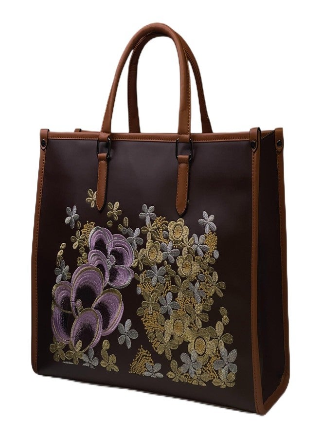 DAZZLE Embroidered Women’s Handbag | Office Tote with Laptop Compartment Fits upto 16 inch | 2 Spacious Compartments & Pockets | Stylish Shoulder Bag (DARK BROWN) - Image 1