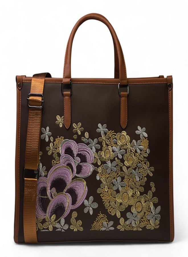 DAZZLE Embroidered Women’s Handbag | Office Tote with Laptop Compartment Fits upto 16 inch | 2 Spacious Compartments & Pockets | Stylish Shoulder Bag (DARK BROWN) - Image 2