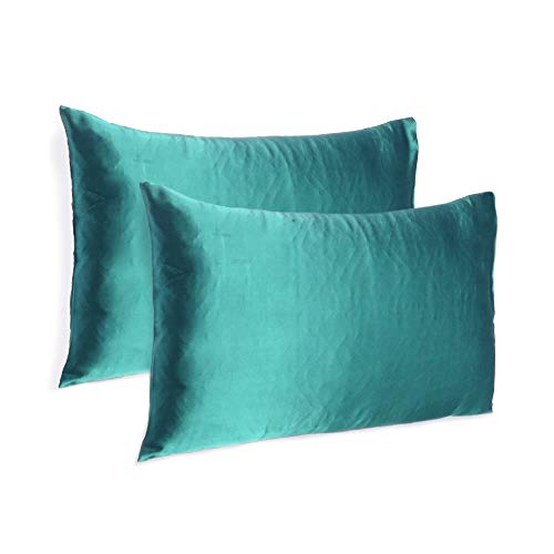 Oussum Satin Silk Pillowcase Pillow Case Covers with Envelop Closure for Hair and Skin Home Bed Decor Set of 2 Pillowcase Free 3 pcs scrunchies (Regular, Teal) - Image 1