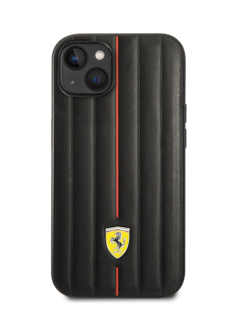 Ferrari iPhone 14 Plus Leather Case with Embossed Stripes & Yellow Shield Logo - Black - Image 1