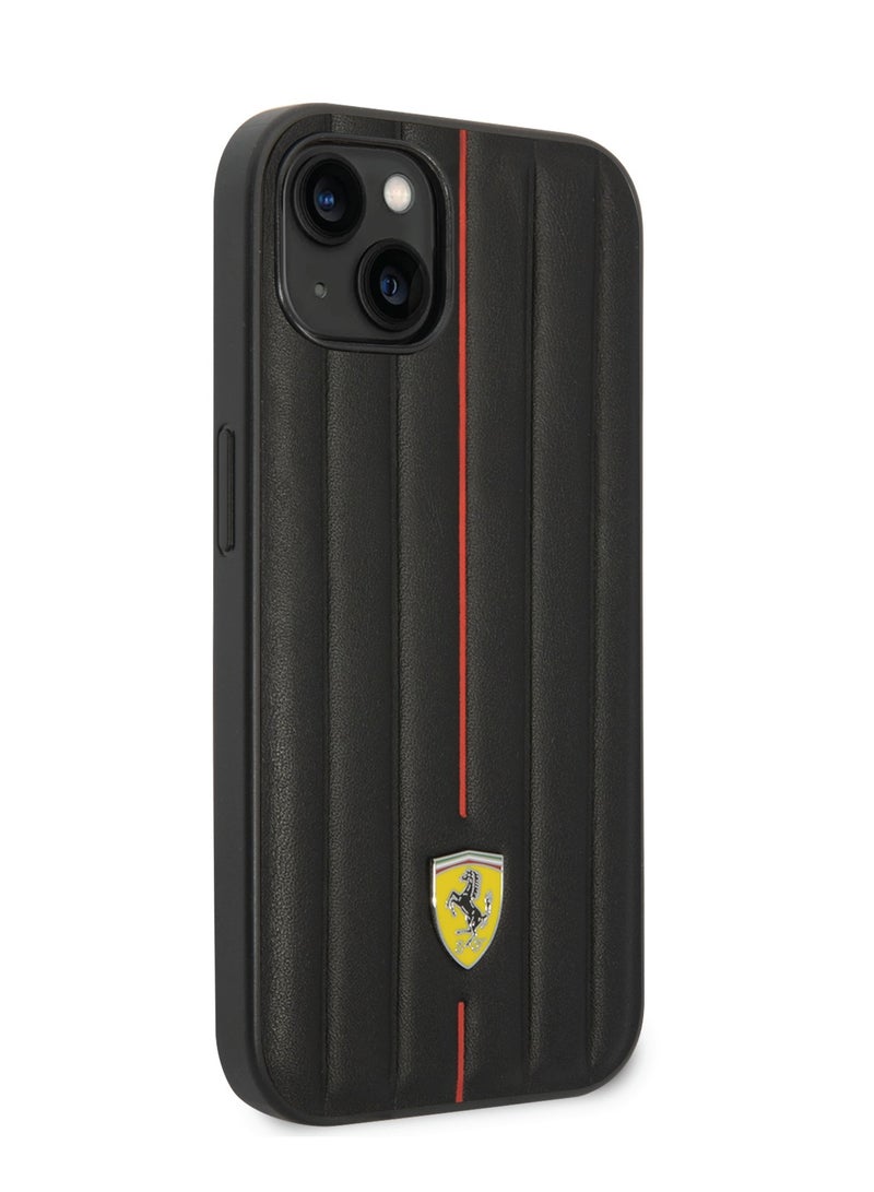 Ferrari iPhone 14 Plus Leather Case with Embossed Stripes & Yellow Shield Logo - Black - Image 2