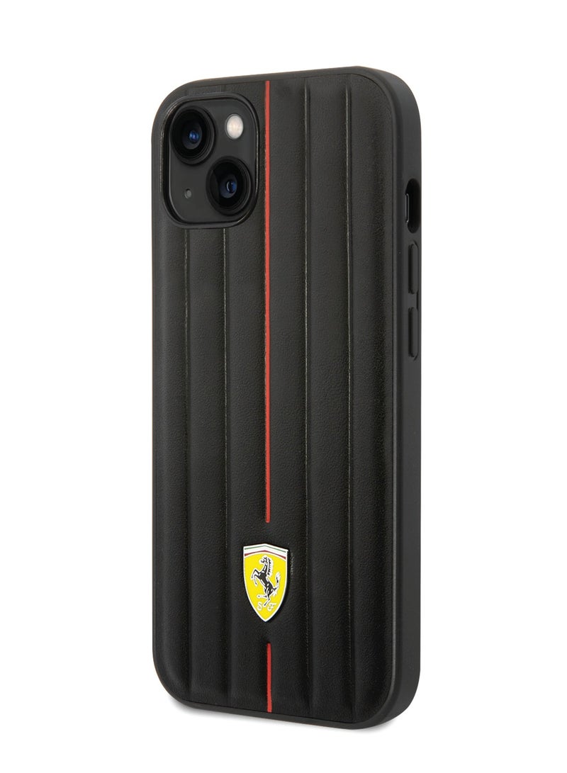 Ferrari iPhone 14 Plus Leather Case with Embossed Stripes & Yellow Shield Logo - Black - Image 3