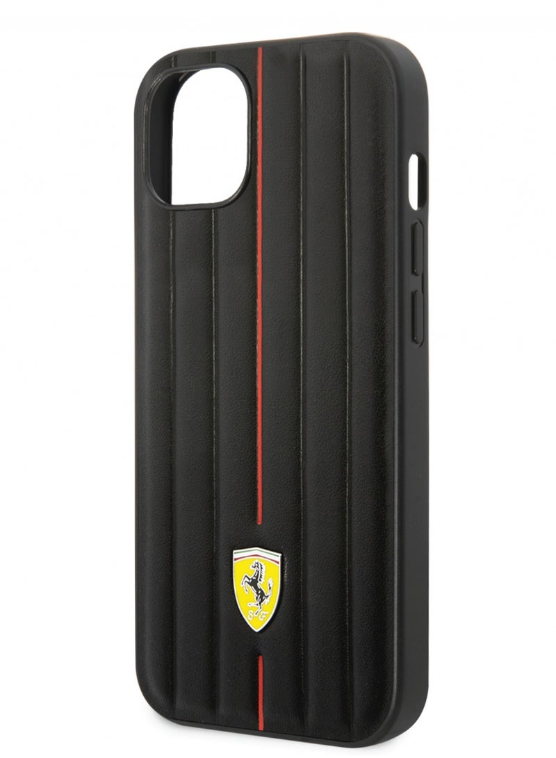 Ferrari iPhone 14 Plus Leather Case with Embossed Stripes & Yellow Shield Logo - Black - Image 4