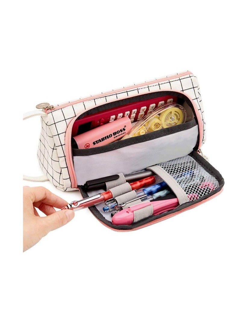 LIMOS - Cute Pink Pencil Case for Girls Large Capacity 3 Compartments Canvas Pencil Pouch, Stylish and Spacious Big Pencil Bag for School and Office Supplies - Image 1