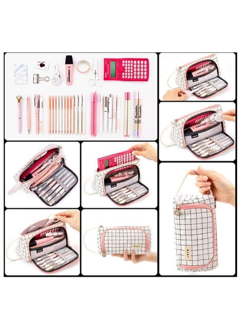 LIMOS - Cute Pink Pencil Case for Girls Large Capacity 3 Compartments Canvas Pencil Pouch, Stylish and Spacious Big Pencil Bag for School and Office Supplies - Image 1