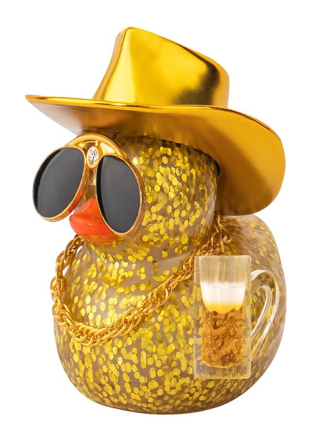 wonuu Car Decorations Beer Rubber Ducks, Dashboard Rubber Ducky for Car Ornament Cute Duck with Laser Cowboy Hat, Glasses, Necklace, Golden Beer-Yellow - Image 1