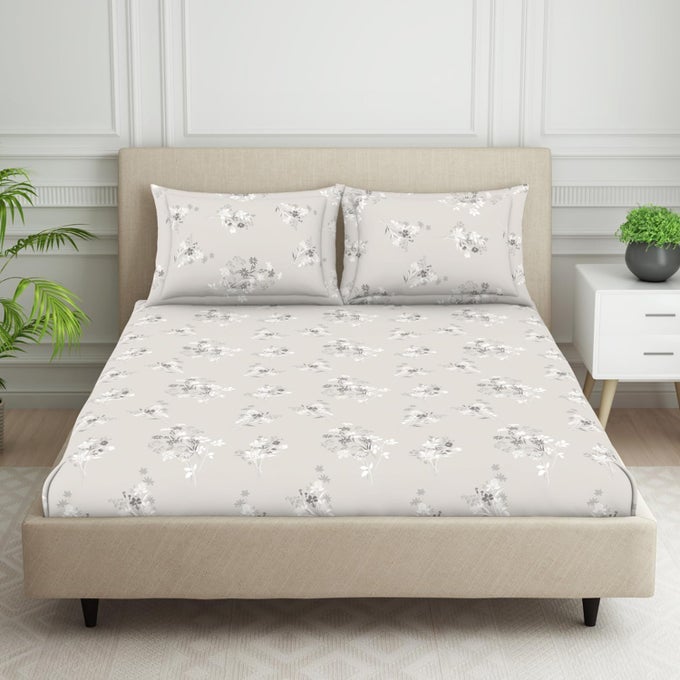 120 TC POLYCOTTON BEDSHEET FOR DOUBLE BED WITH 2 PILLOW COVER SKIN SAFE SUPER SOFT QUEEN SIZE BED SHEET 88 X 100 INCH FLORAL GREY HARMONY