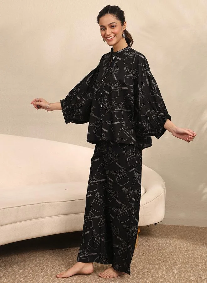 Libas Black All Over Print Cotton Top And Pants Set