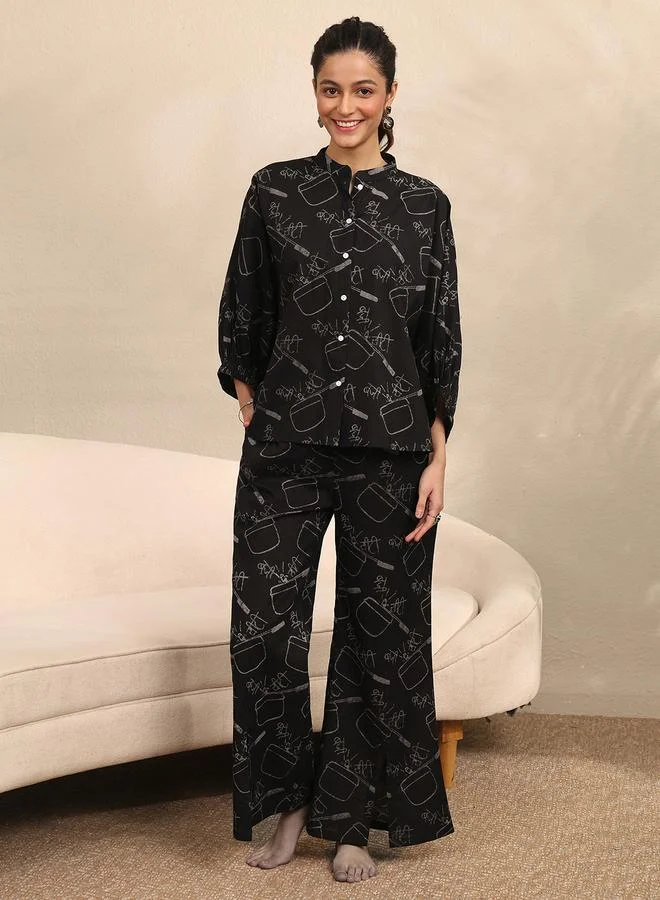Libas Black All Over Print Cotton Top And Pants Set