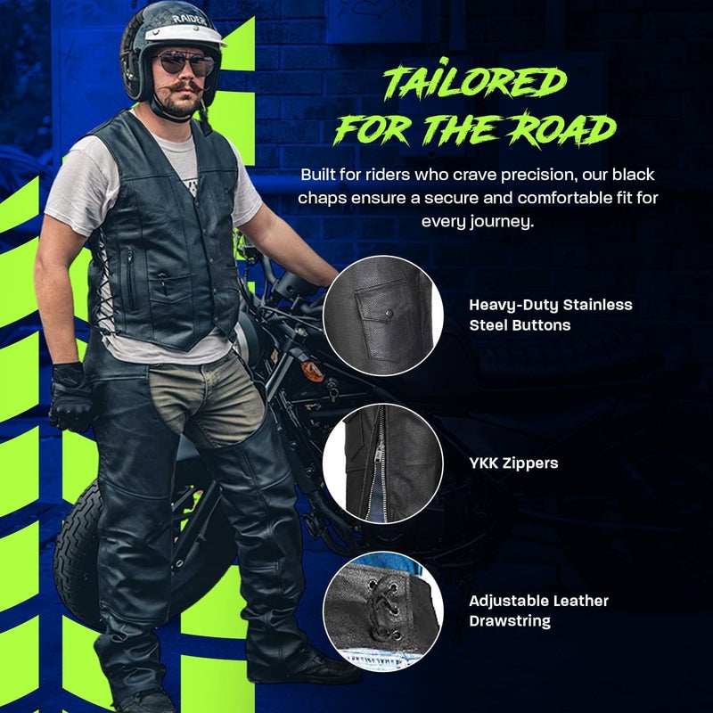 HWK Motorcycle Leather Chaps for Men and Women, Black Motorcycle Chaps for Road Rash Protection and All-Weather Comfort - Image 2