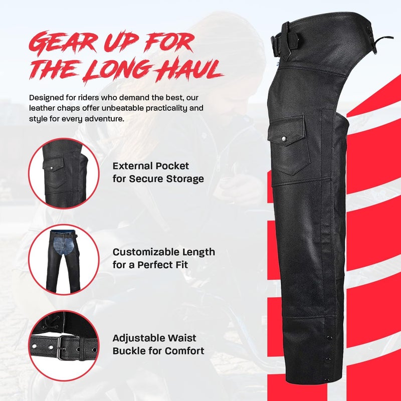 HWK Motorcycle Leather Chaps for Men and Women, Black Motorcycle Chaps for Road Rash Protection and All-Weather Comfort - Image 4