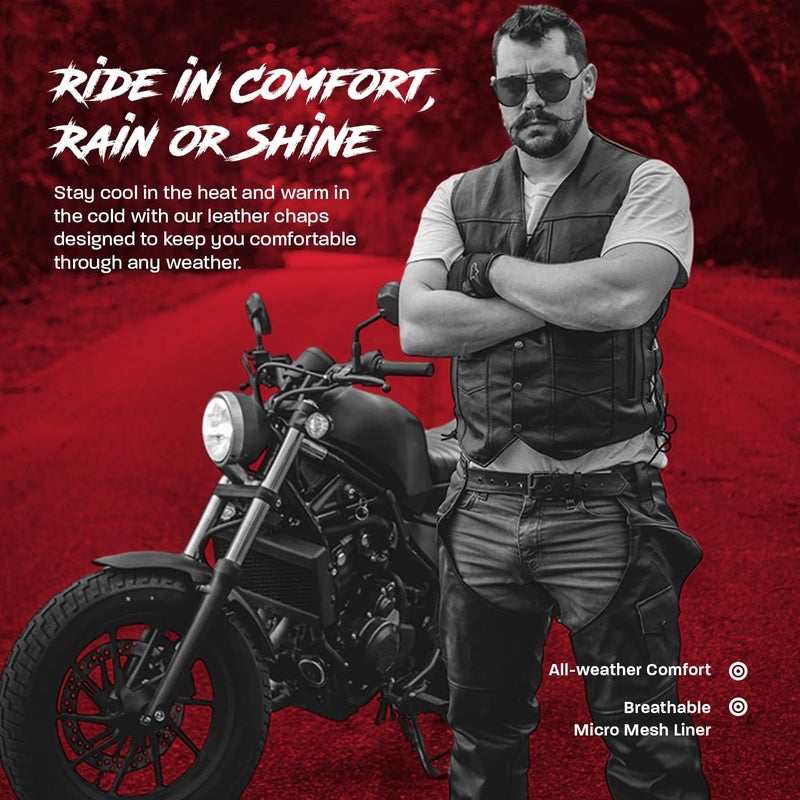 HWK Motorcycle Leather Chaps for Men and Women, Black Motorcycle Chaps for Road Rash Protection and All-Weather Comfort - Image 3