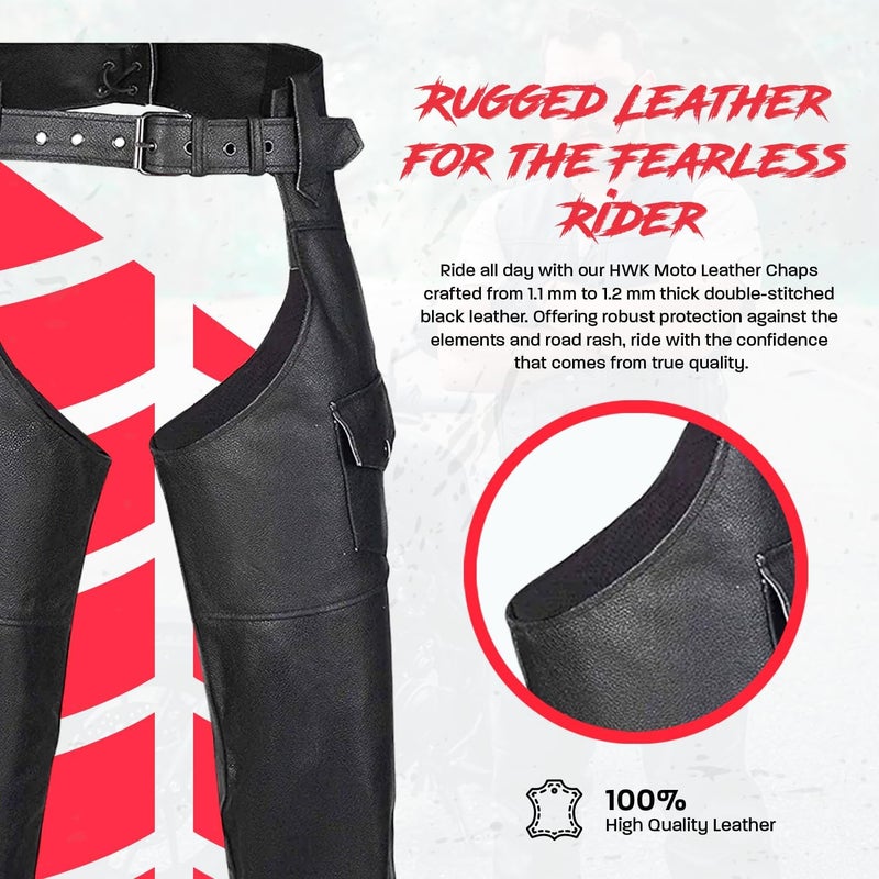 HWK Motorcycle Leather Chaps for Men and Women, Black Motorcycle Chaps for Road Rash Protection and All-Weather Comfort - Image 1