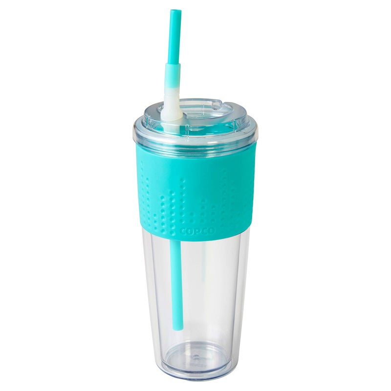 Copco LocknRoll Double Wall Tritian SpillProof Tumbler with Soft Grip Sleeve and Patented Flip Up Straw 20Ounce Teal