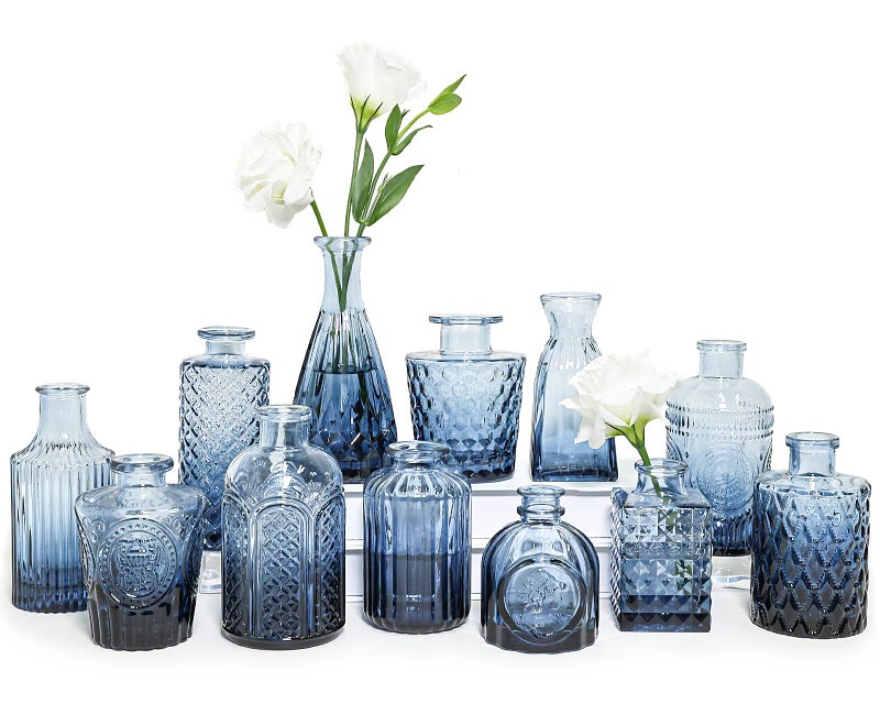 SUPMIND Glass Bud Vase Set of 12 Small Blue Flower Vases for Centerpieces in Bulk Mini Vintage Vase for Wedding HomeTable Decoration