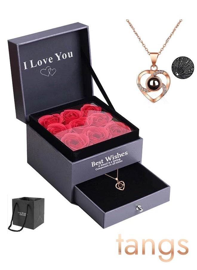 tangs Rose Gold Heart Necklace with 9 Roses Gift Box - Romantic Jewelry Set for Women, Elegant Gift for Her, Special Surprise Present for Birthday, Anniversary, Dating or  Romantic Occasions  - Image 1