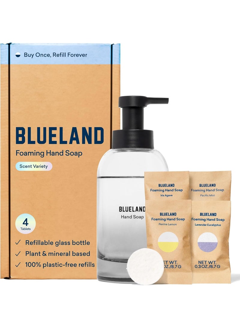 Blueland BLUELAND Hand Soap Starter Set Slate, 1 Refillable Glass Foaming Hand Soap Dispenser with 4 Refill Tablets, Iris Agave Scent, 4 x 9 Fl oz 