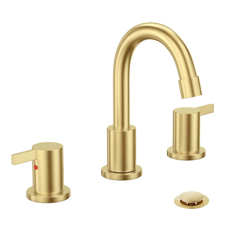 Phiestina Brushed Gold 3 Hole 8 Inch Widespread Bathroom Sink Faucet Bathroom Faucet Set with Metal Pop UP Drain and Valve WF151BG