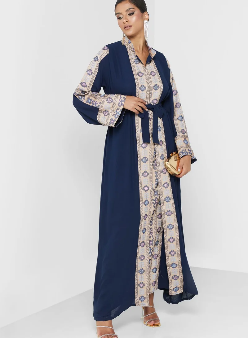 hayas closet Belted Tiered Printed Abaya