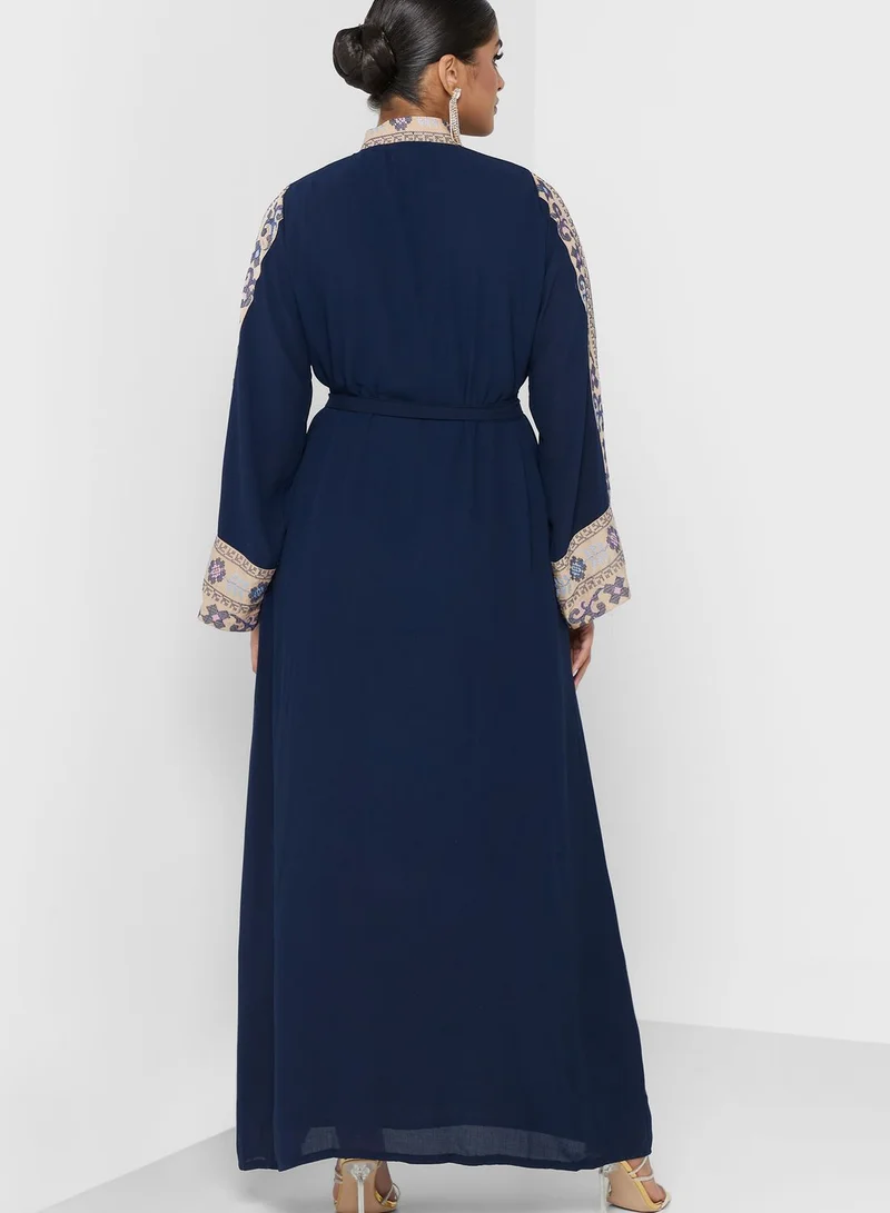 hayas closet Belted Tiered Printed Abaya