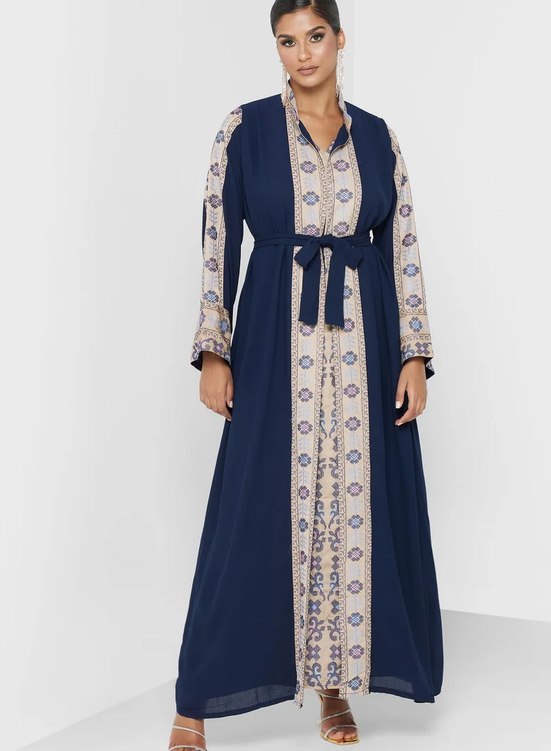 hayas closet Belted Tiered Printed Abaya