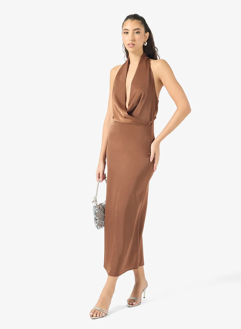 Ginger  Bandeau Satin Dress with Scarf Neck Detail for Women | Best Price UAE