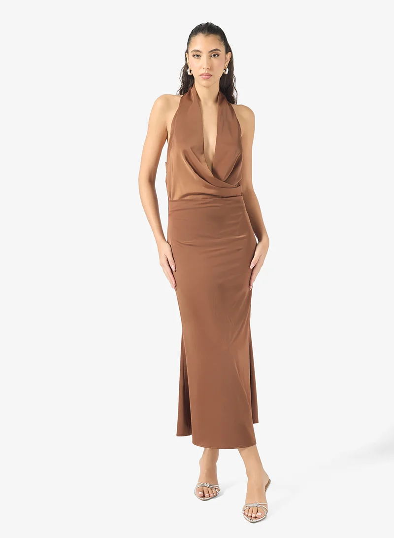 Ginger Bandeau Satin Dress with Scarf Neck Detail