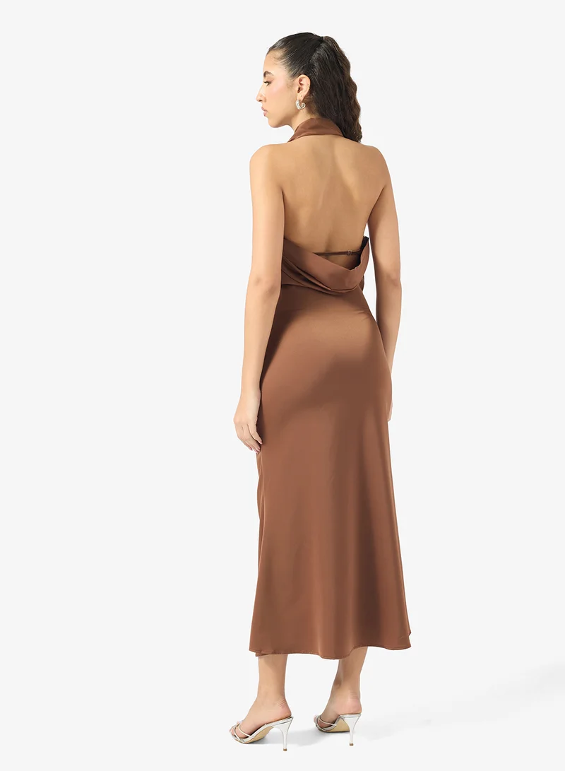 Ginger Bandeau Satin Dress with Scarf Neck Detail