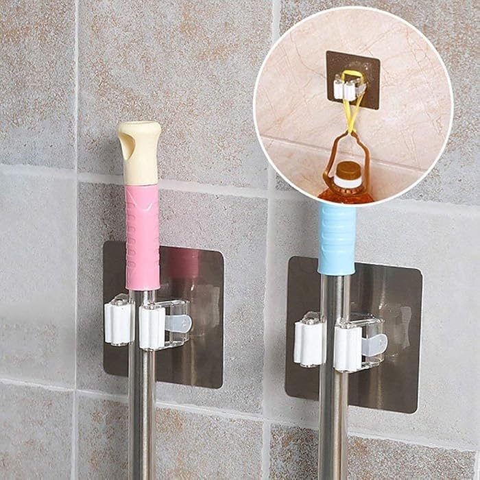 ZONKU INDIA Wall Mounted Drill Free Self Adhesive Broom and Mop Holder for Bathroom and Kitchen Pack of 4 - Image 1