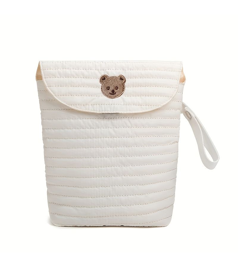 Pink Bear Diaper Pouch With Cute Bear Face And Striped Design Portable Storage Bag For Diapers Wipes And On The Go Essentials - Image 1