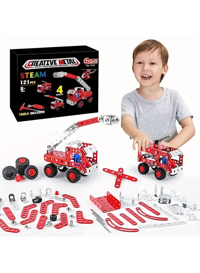 Red STEM Building Toys 4 in 1 Fire Truck Model Assembly Alloy Blocks Gift - Image 1