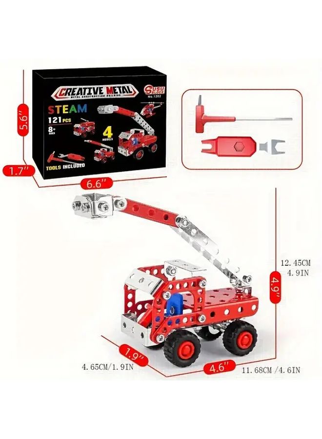 Red STEM Building Toys 4 in 1 Fire Truck Model Assembly Alloy Blocks Gift - Image 4