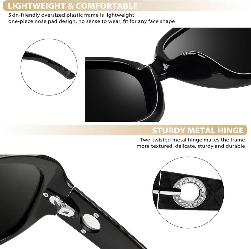 Joopin Big Womens Sunglasses Polarized Trendy Sun Glasses Large Rectangle UV Protection Rhinestone Sunnies - Image 4