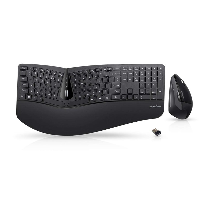 Perixx Periduo-605, Wireless Ergonomic Split Keyboard and Vertical Mouse Combo, Adjustable Palm Rest and Membrane Low Profile Keys, Black, US English Layout (11633) - Image 1