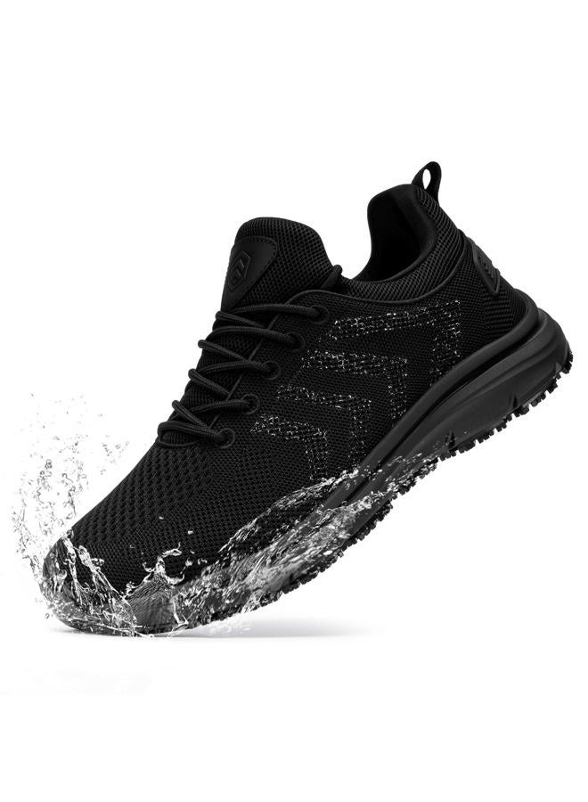 LARNMERN Mens Non Slip Work Shoes Water Resistant Walking Sneakers Zapatos Trabajo Waterproof Food Service Comfortable Chef Kitchen, Silver Silk Black, 9.5 - Image 1