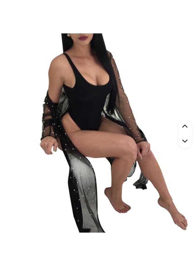 Elegant Sheer Mesh Pearl Cover Up Dress for Women Free Size Up to 65 KG Transparent Long Beach Kimono Cardigan Rhinestone Mesh Robe Swimsuit Cover Up Sexy Lightweight Fashion Outerwear - Image 5