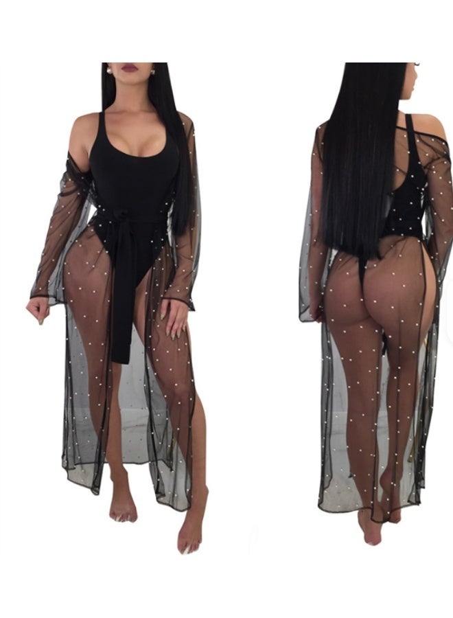 Elegant Sheer Mesh Pearl Cover Up Dress for Women Free Size Up to 65 KG Transparent Long Beach Kimono Cardigan Rhinestone Mesh Robe Swimsuit Cover Up Sexy Lightweight Fashion Outerwear - Image 1