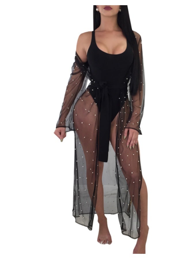Elegant Sheer Mesh Pearl Cover Up Dress for Women Free Size Up to 65 KG Transparent Long Beach Kimono Cardigan Rhinestone Mesh Robe Swimsuit Cover Up Sexy Lightweight Fashion Outerwear - Image 4
