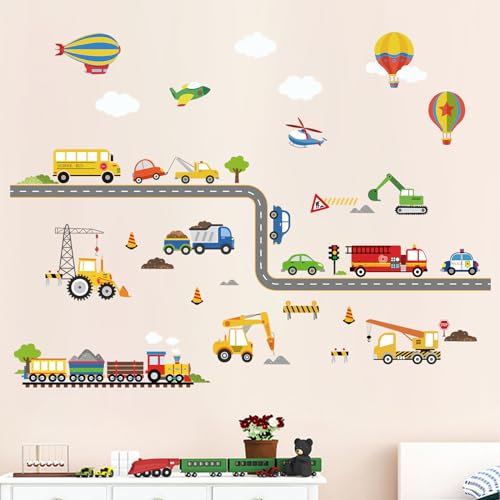 decalmile Construction Transportation Wall Decals Car Truck Plane Boys Wall Stickers Kids Bedroom Baby Nursery Playroom Wall Decor - Image 1