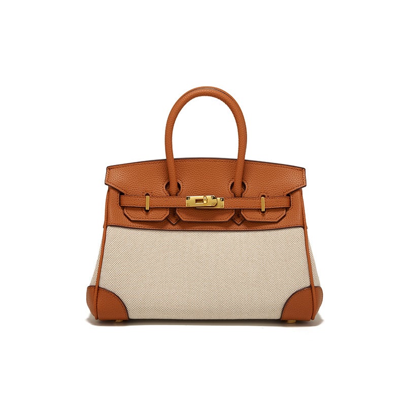 2025 Autumn New Women'S Bag Niche Design Leather With Canvas Contrast Color Birkin Bag Hand-Held Shoulder Crossbody Bag - Image 1