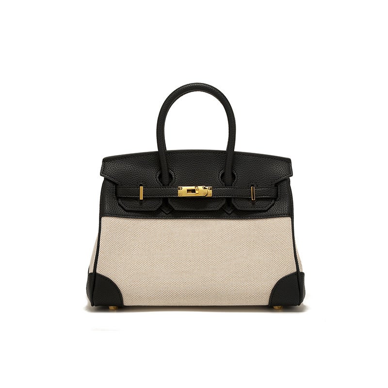 2025 Autumn New Women'S Bag Niche Design Leather With Canvas Contrast Color Birkin Bag Hand-Held Shoulder Crossbody Bag - Image 4