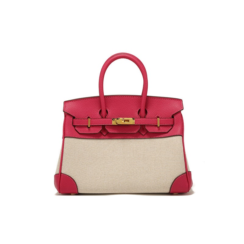 2025 Autumn New Women'S Bag Niche Design Leather With Canvas Contrast Color Birkin Bag Hand-Held Shoulder Crossbody Bag - Image 5