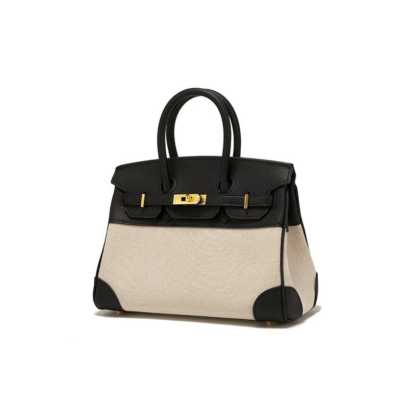 2025 Autumn New Women'S Bag Niche Design Leather With Canvas Contrast Color Birkin Bag Hand-Held Shoulder Crossbody Bag - Image 3