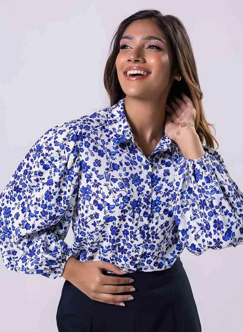 Zigzag Long Sleeve Elasicated Printed Chiffon Shirt Blue Top