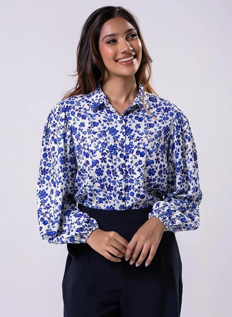 Zigzag Long Sleeve Elasicated Printed Chiffon Shirt Blue Top