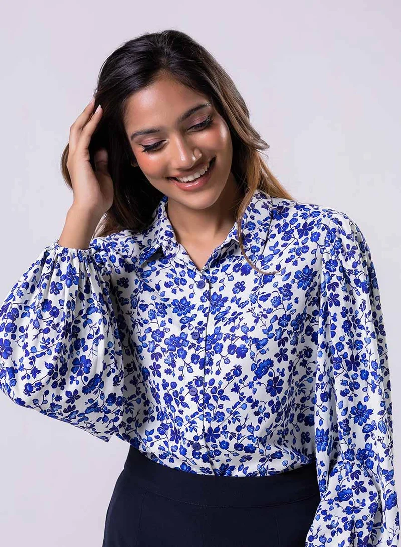 Zigzag Long Sleeve Elasicated Printed Chiffon Shirt Blue Top