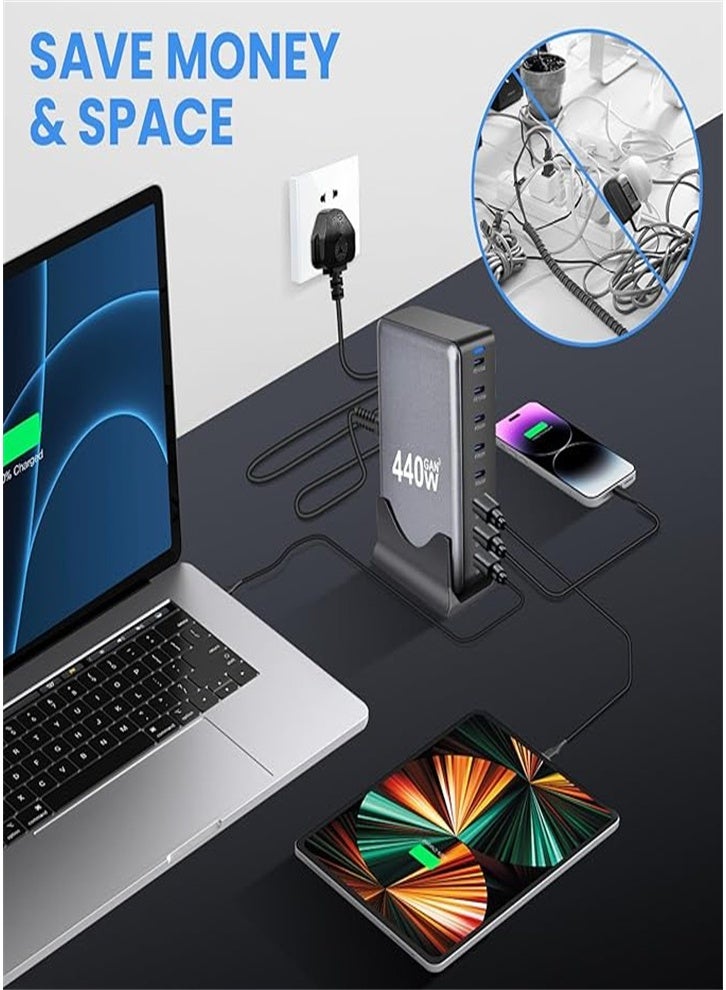 General 440W 8-Port Multi Type C Charging Station Hub GaN PD Fast Charger Power Adapter 5-USB C+3-USB for MacBook Smartphone Tablet with 1.5 Cable, Black  - Image 5