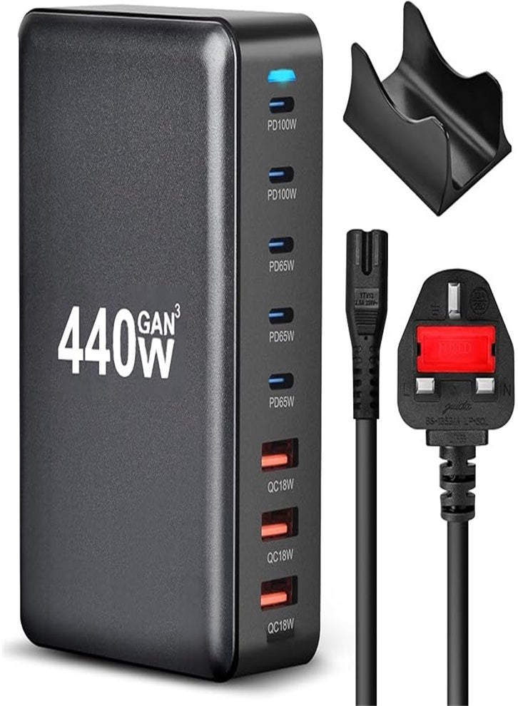 General 440W 8-Port Multi Type C Charging Station Hub GaN PD Fast Charger Power Adapter 5-USB C+3-USB for MacBook Smartphone Tablet with 1.5 Cable, Black  - Image 1
